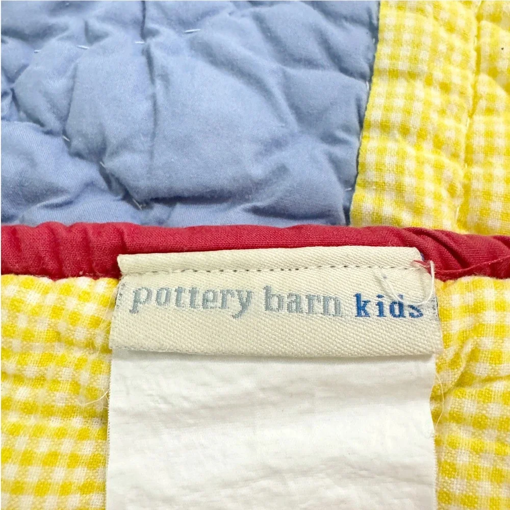 Pottery Barn Kids Baby Crib‎ Quilt Jungle Animal Zoo Blue Yellow Gingham